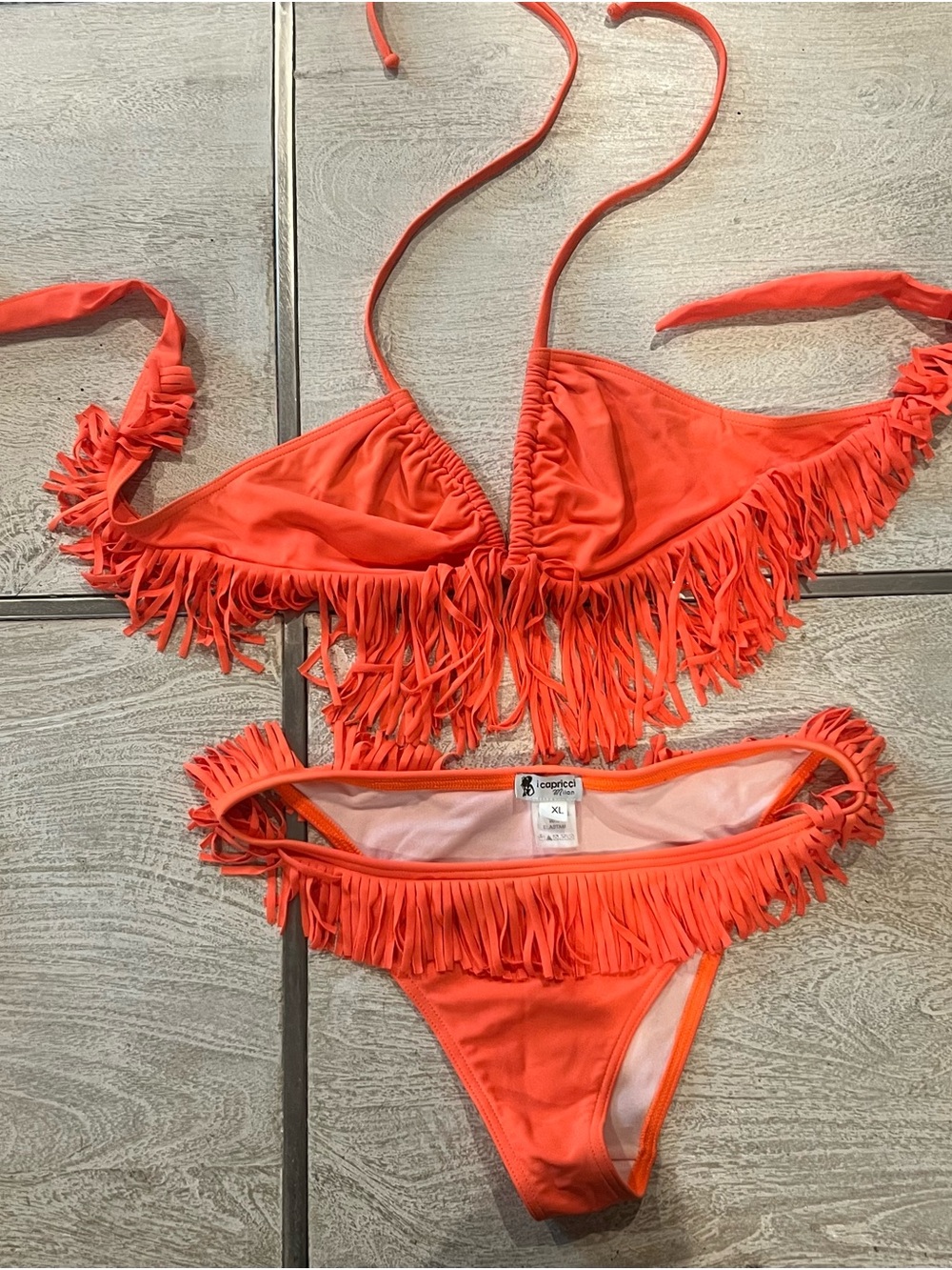 Fringe Triangle Bikini Set in Bright Orange - Women’s Swim Top & Bottom